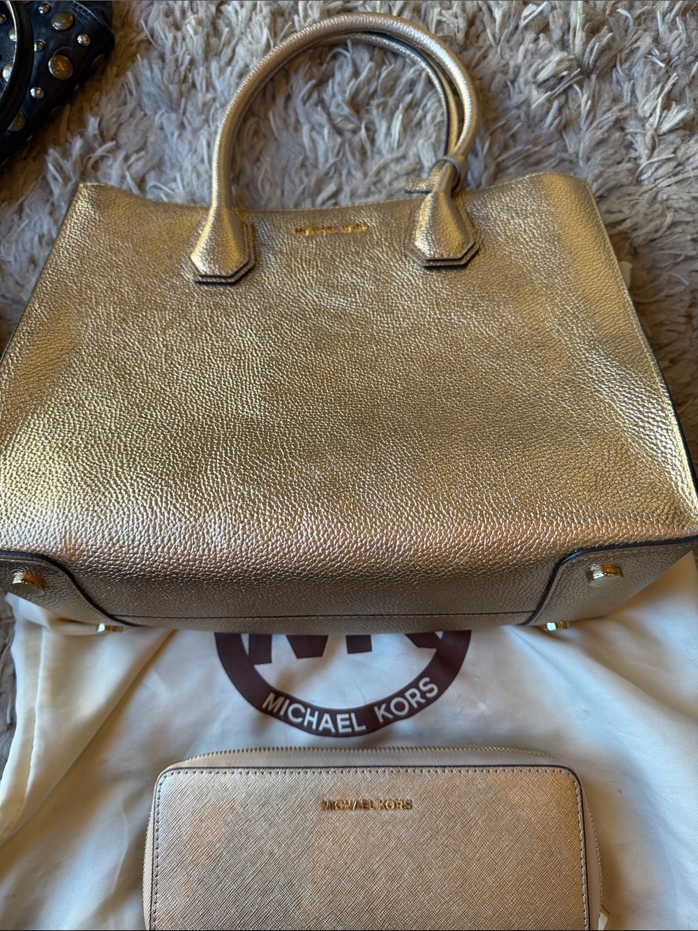 Michael Kors Metallic Gold Pebbled Leather Satchel with Zip Wallet Set
